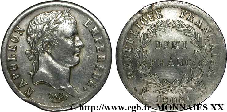Demi-franc Napoléon Ier tête laurée, République française 1808 Lille F.177/16 XF 