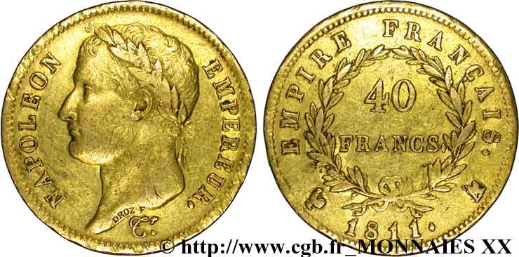 40 francs or Napoléon tête laurée, Empire français, A sur Coq 1811 Paris F.541/7 XF 
