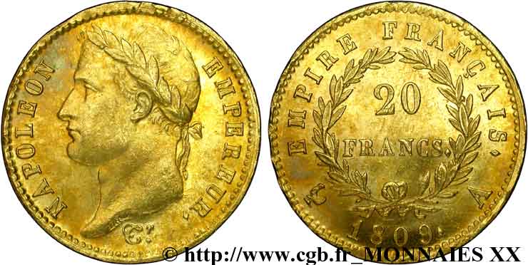 20 francs or Napoléon, tête laurée, Empire français 1809 Paris F.516/1 fST 