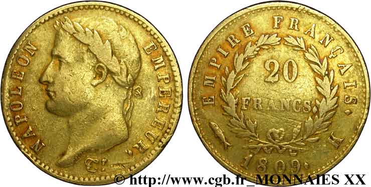20 francs or Napoléon, tête laurée, Empire français 1809 Bordeaux F.516/3 MB 