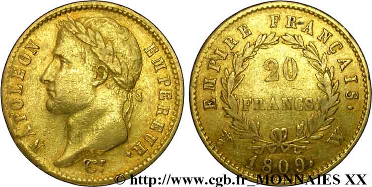 20 francs or Napoléon tête laurée, Empire français 1809 Lille F.516/7 TTB 