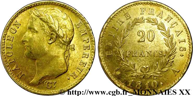 20 francs or Napoléon, tête laurée, Empire français 1810 Paris F.516/9 EBC 