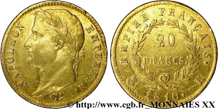 20 francs or Napoléon, tête laurée, Empire français 1810 La Rochelle F.516/10 MBC 
