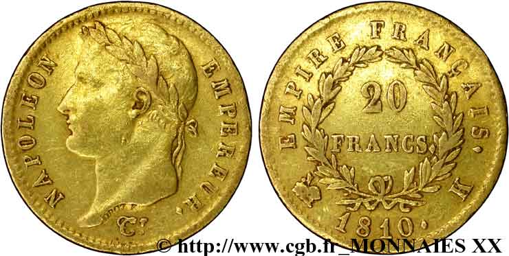 20 francs or Napoléon, tête laurée, Empire français 1810 Bordeaux F.516/11 MBC 