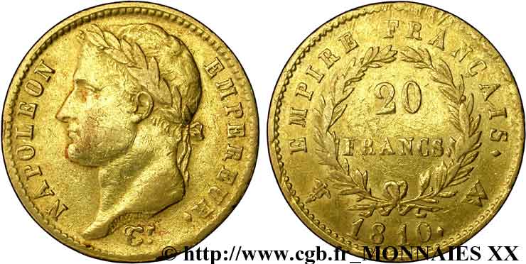 20 francs or Napoléon, tête laurée, Empire français 1810 Lille F.516/15 MBC 