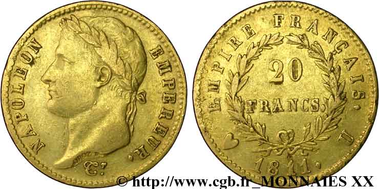 20 francs or Napoléon, tête laurée, Empire français 1811 Turin F.516/20 XF 