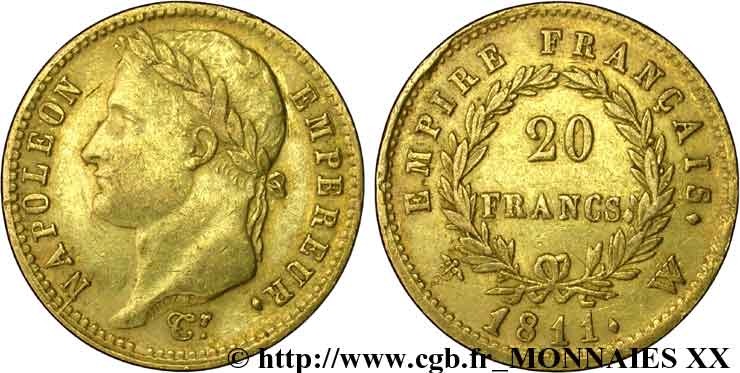 20 francs or Napoléon, tête laurée, Empire français 1811 Lille F.516/21 XF 