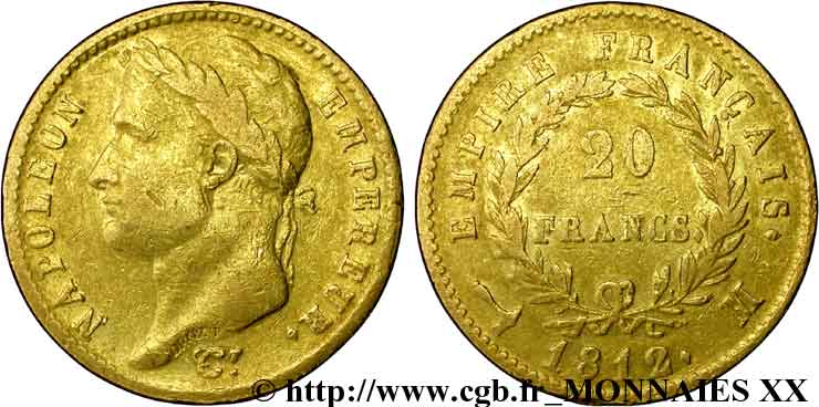 20 francs or Napoléon, tête laurée, Empire français 1812 Toulouse F.516/25 VF 
