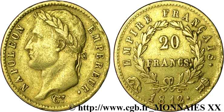 20 francs or Napoléon tête laurée, Empire français 1812 Rome F.516/27 XF 