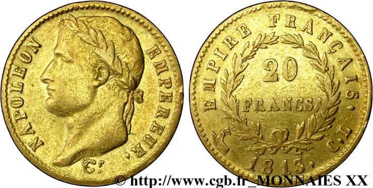 20 francs or Napoléon tête laurée, Empire français 1813 Gênes F.516/31 XF 
