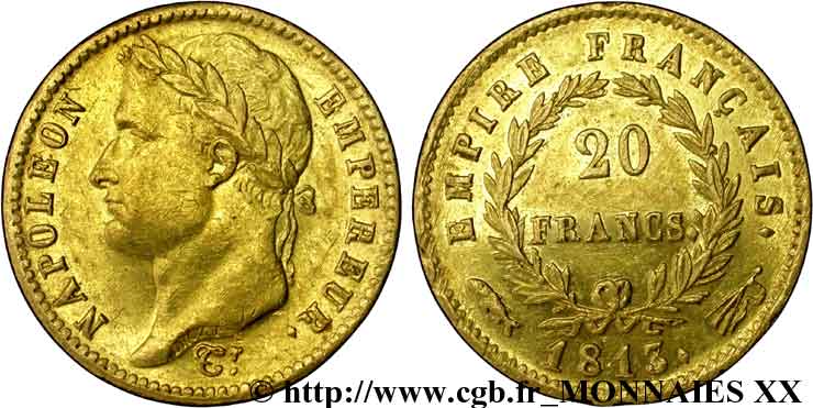 20 francs or Napoléon, tête laurée, Empire français 1813 Utrecht F.516/37 BB 
