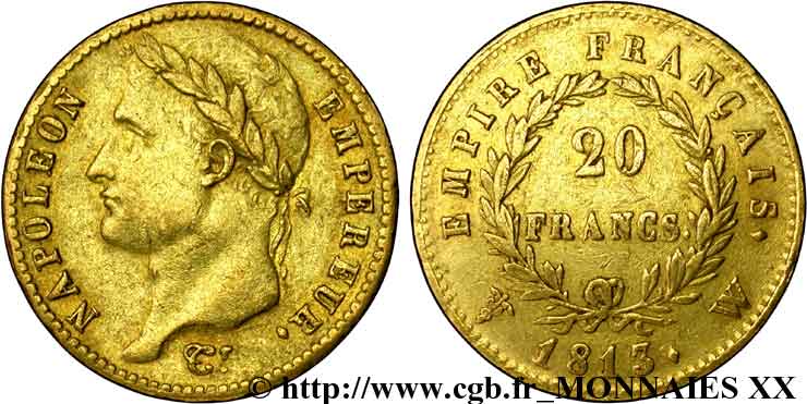 20 francs or Napoléon, tête laurée, Empire français 1813 Lille F.516/38 BB 