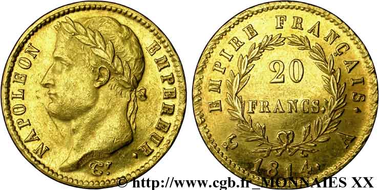 20 francs or Napoléon, tête laurée, Empire français 1814 Paris F.516/39 VZ 