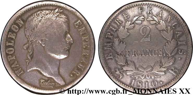 2 francs Napoléon Ier tête laurée, Empire français 1810 Rouen F.255/11 VF 