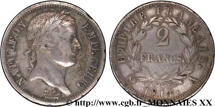 2 francs Napoléon Ier tête laurée, Empire français 1814 Paris F.255/67 MB 