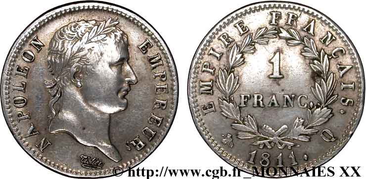 1 franc Napoléon Ier tête laurée, Empire français 1811 Perpignan F.205/38 XF 