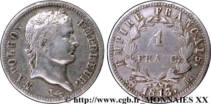 1 franc Napoléon Ier tête laurée, Empire français 1813 Toulouse F.205/66 TTB 