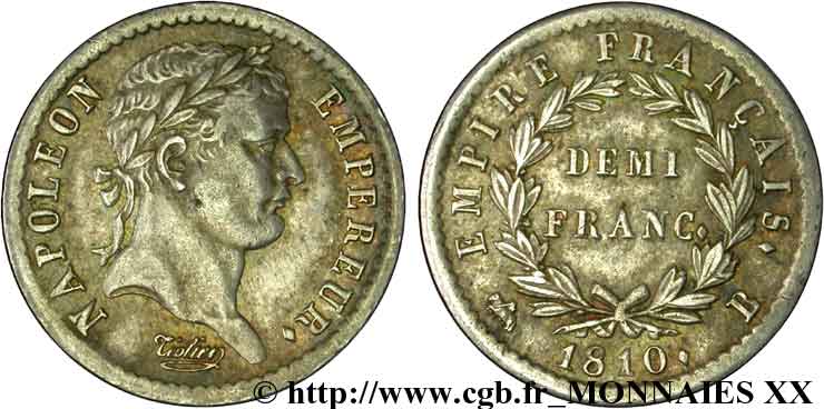 Demi-franc Napoléon Ier tête laurée, Empire français 1810 Rouen F.178/11 MBC 