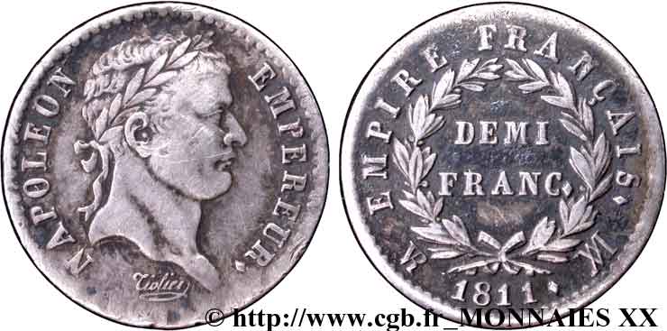 Demi-franc Napoléon empereur, Empire français 1811 Marseille F.178/31 MBC 