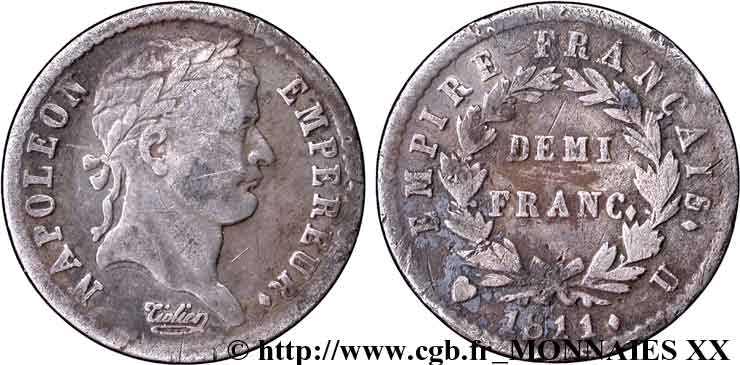 Demi-franc Napoléon Ier tête laurée, Empire français 1811 Turin F.178/33 TB 