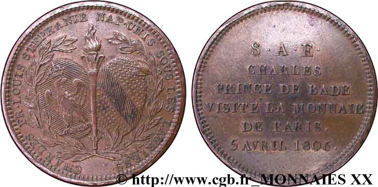 Monnaie de visite, module de 2 francs pour Charles de Bade 1806 Paris VG.1508  SPL 
