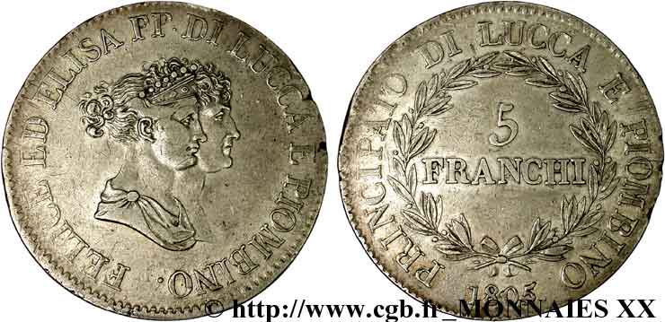 ITALIA - PRINCIPATO DI LUCCA E PIOMBINO - FELICE BACCIOCHI E ELISA BONAPARTE 5 franchi, petits bustes 1805 Florence XF 
