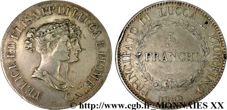 ITALY - PRINCIPALTY OF LUCCA AND PIOMBINO - FELIX BACCIOCHI AND ELISA BONAPARTE 5 franchi, grands bustes 1808 Florence XF 