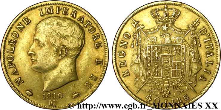 40 lires en or, 2e type, tranche en creux 1810/09 Milan VG.1345  BB 