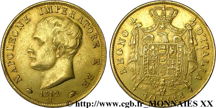 40 lires en or, 2e type, tranche en creux 1812 Milan VG.1370  SS 