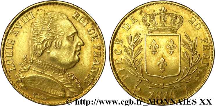 20 francs or Louis XVIII, buste habillé 1814 Paris F.517/2 EBC 
