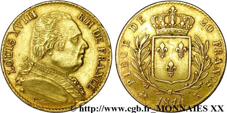 20 francs or Louis XVIII, buste habillé 1814 Bordeaux F.517/3 MBC 