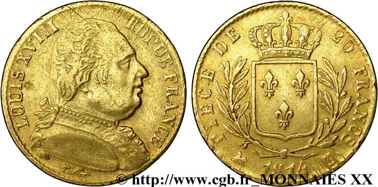 20 francs or Louis XVIII, buste habillé 1814 Bordeaux F.517/4 XF 