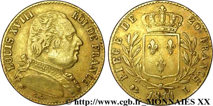 20 francs or Louis XVIII, buste habillé 1814 Bayonne F.517/5 XF 
