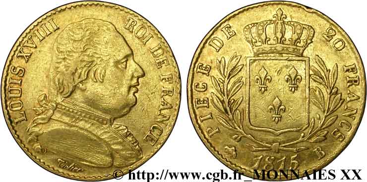 20 francs or Louis XVIII, buste habillé 1815 Rouen F.517/11 MBC 