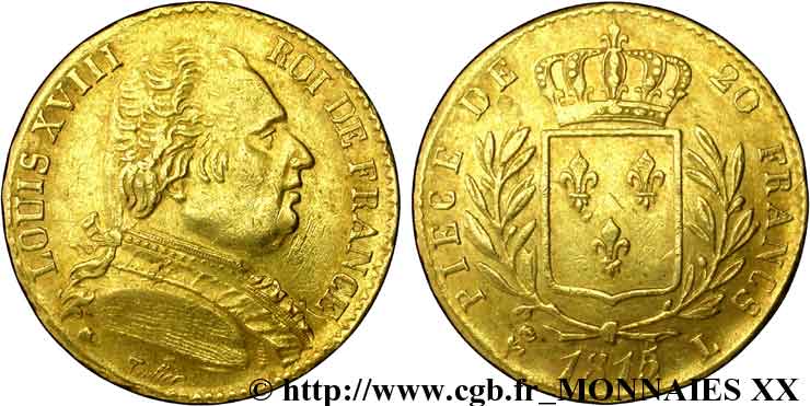 20 francs or Louis XVIII, buste habillé 1815 Bayonne F.517/15 AU 