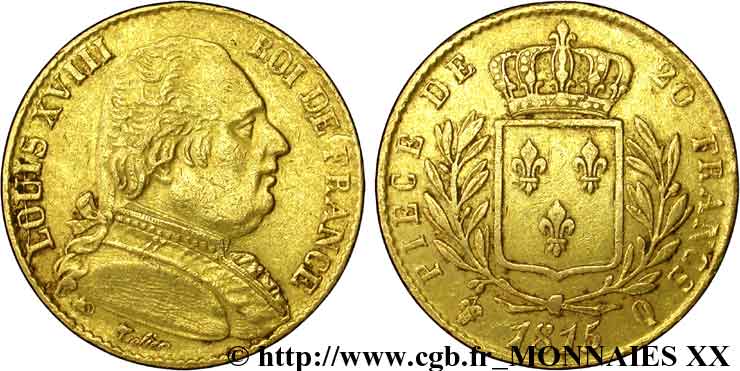20 francs or Louis XVIII, buste habillé 1815 Perpignan F.517/16 TTB 