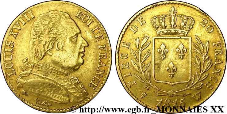20 francs or Louis XVIII, buste habillé 1815 Lille F.517/18 TTB 