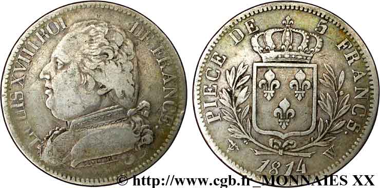 5 francs Louis XVIII, buste habillé 1814  Lille F.308/13 VF 