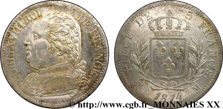 5 francs Louis XVIII, buste habillé 1814  Toulouse F.308/9 EBC 