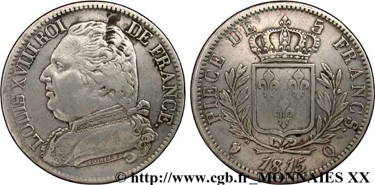 5 francs Louis XVIII, buste habillé 1815 Perpignan F.308/28 XF 
