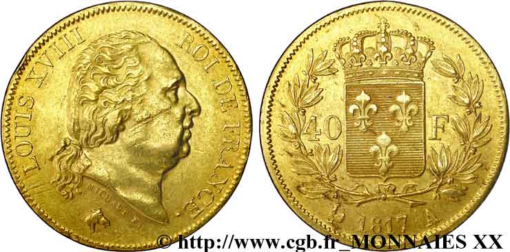 40 francs or Louis XVIII 1817 Paris F.542/6 MBC 