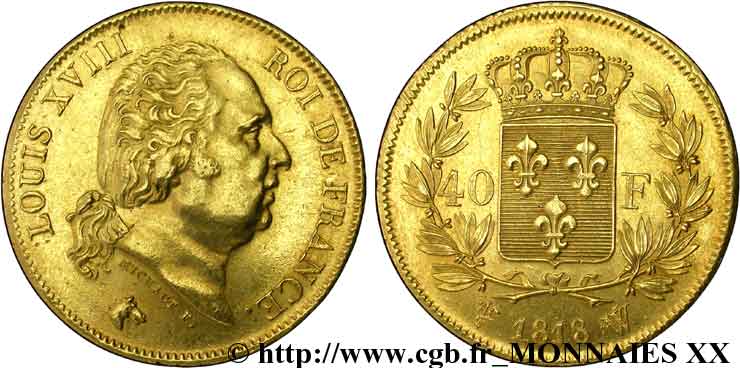 40 francs or Louis XVIII 1818 Lille F.542/8 AU 