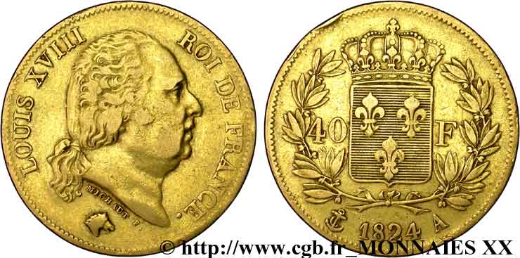 40 francs or Louis XVIII 1824 Paris F.542/14 VF 