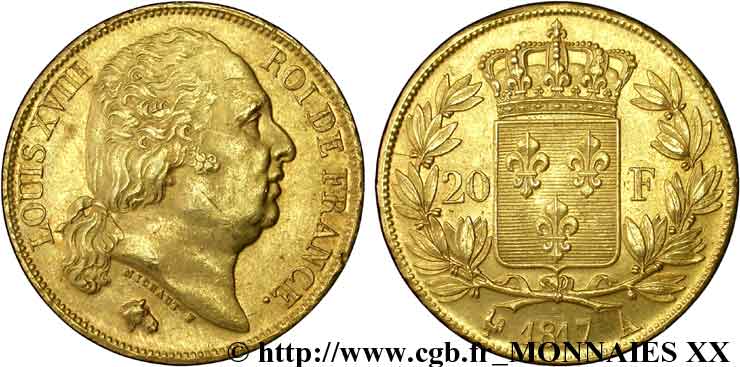 20 francs or Louis XVIII, tête nue 1817 Paris F.519/5 EBC 