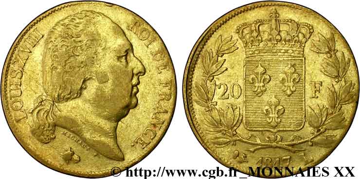 20 francs or Louis XVIII, tête nue 1817 Bayonne F.519/7 MBC 
