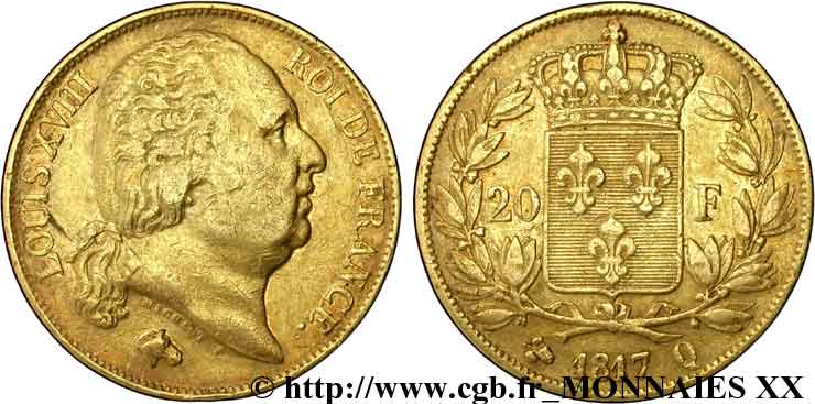 20 francs or Louis XVIII, tête nue 1817 Perpignan F.519/8 MBC 
