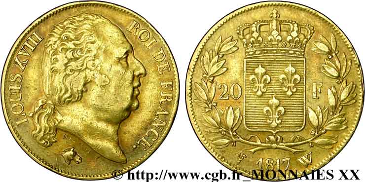 20 francs or Louis XVIII, tête nue 1817 Lille F.519/9 TTB 