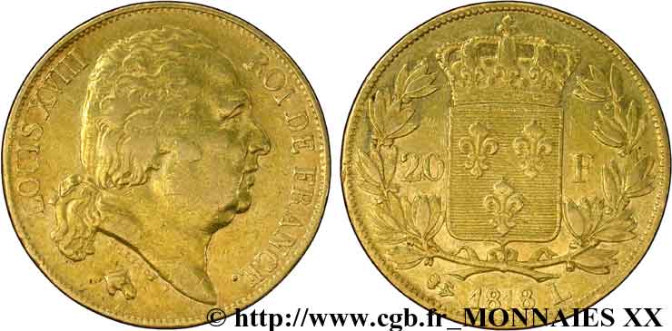 20 francs or Louis XVIII, tête nue 1818 Bayonne F.519/11 MBC 