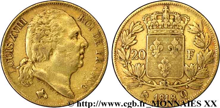 20 francs or Louis XVIII, tête nue 1818 Perpignan F.519/12 VF 