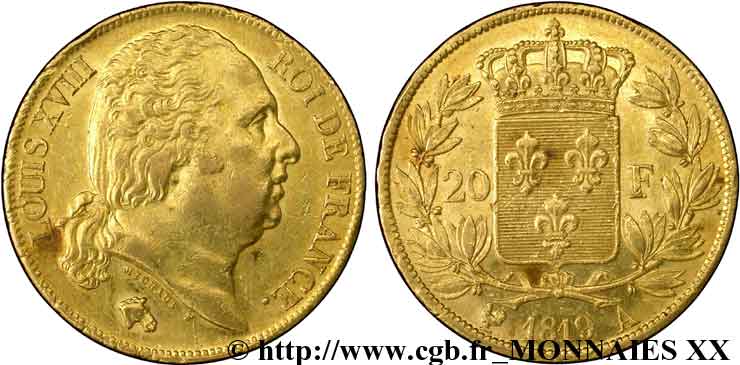 20 francs or Louis XVIII, tête nue 1819 Paris F.519/15 XF 